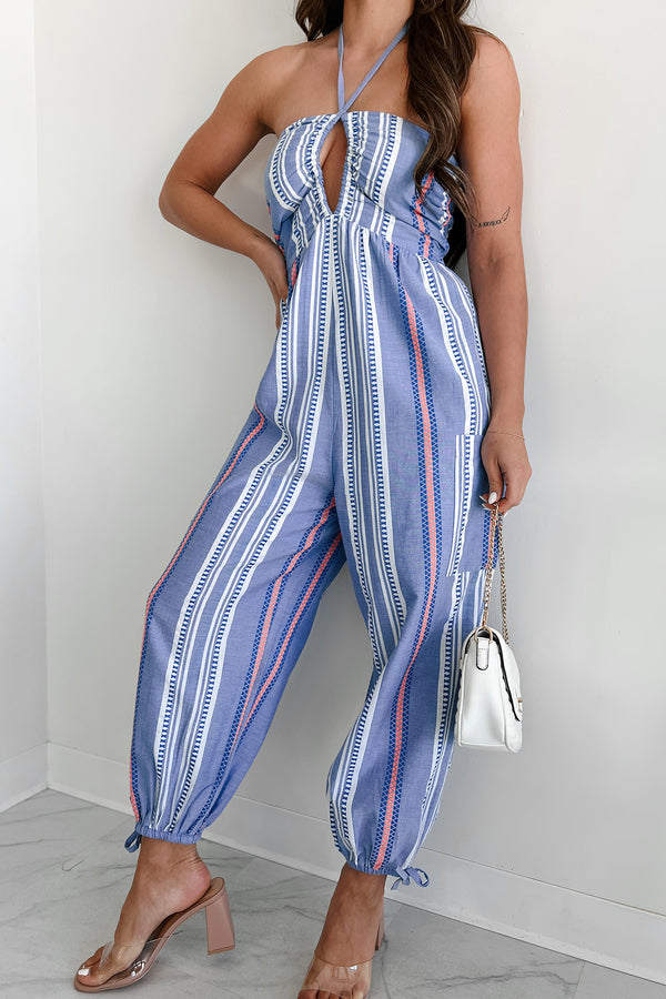 Cosmic Connections Printed Halter Jumpsuit (Blue/White) - NanaMacs