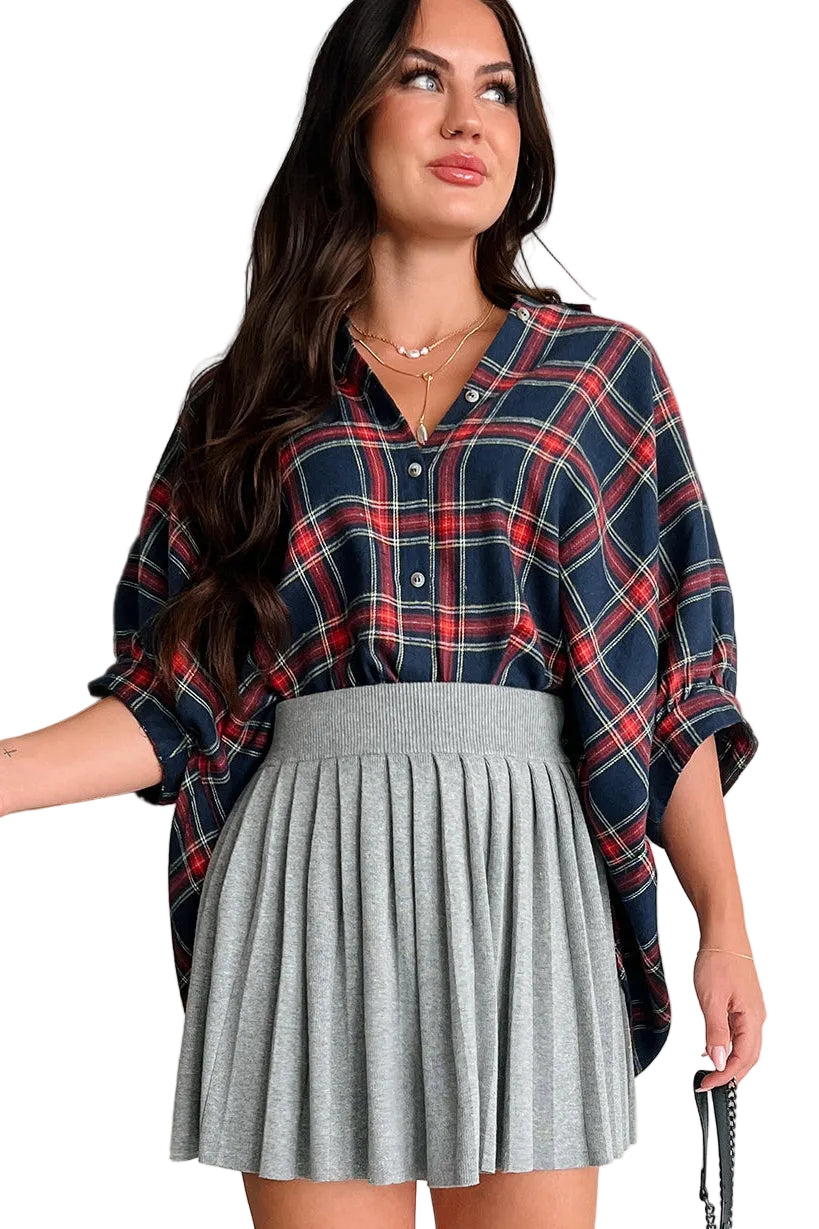 Bijou Plaid Oversized Button-Down Shirt (Navy) - NanaMacs