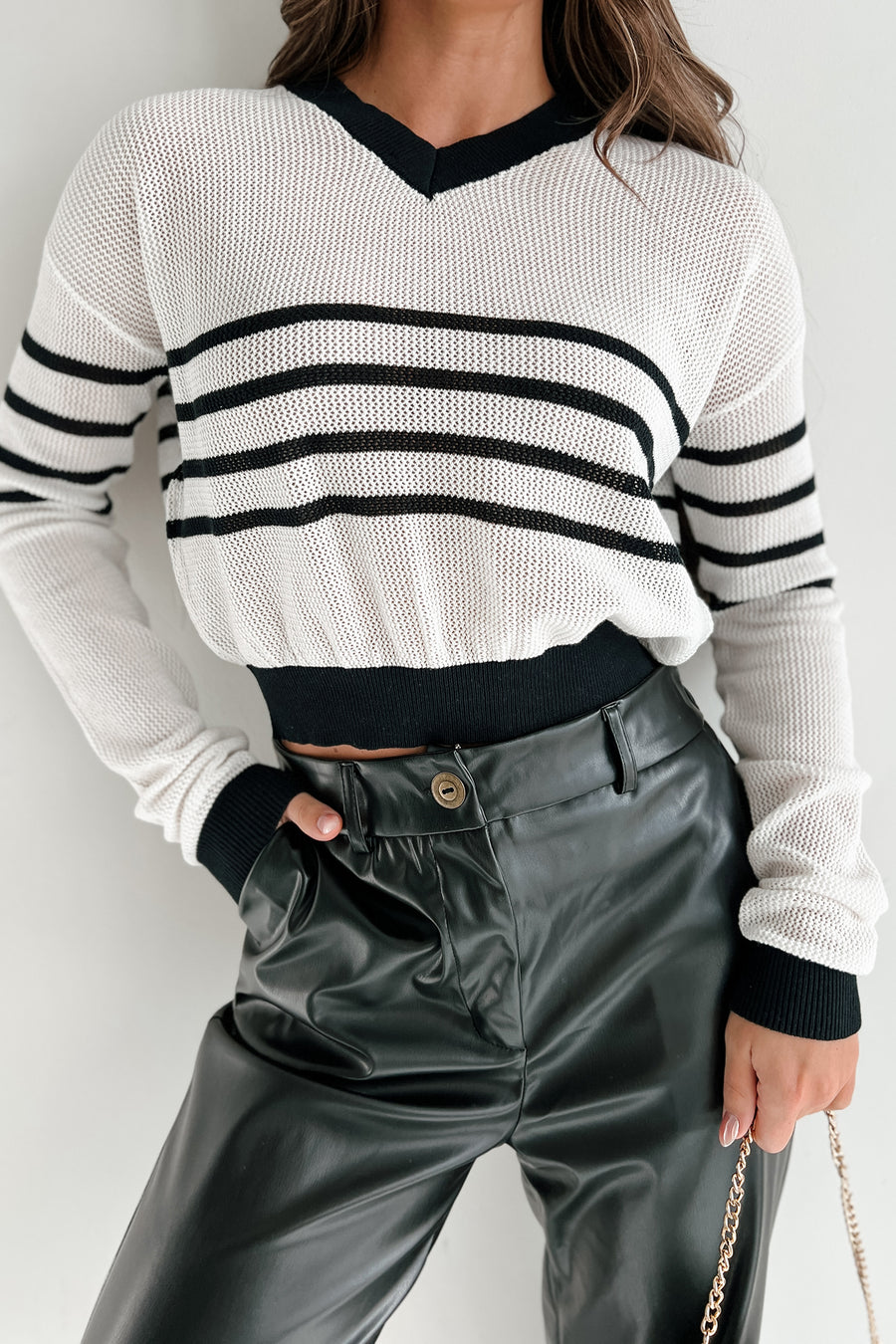 In My College Days Open Knit Striped Sweater (White/Black) - NanaMacs