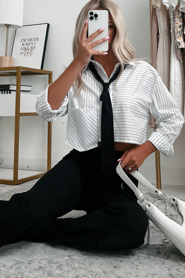 You Better Work Striped Button-Down Shirt With Neck Tie (Off White) - NanaMacs