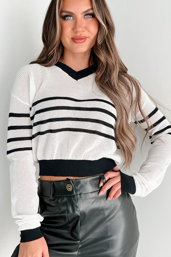 Mono B In My College Days Open Knit Striped Sweater (White/Black) - NanaMacs