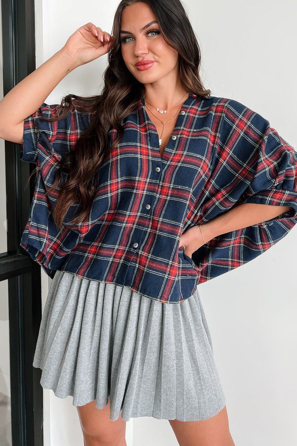 Bijou Plaid Oversized Button-Down Shirt (Navy) - NanaMacs