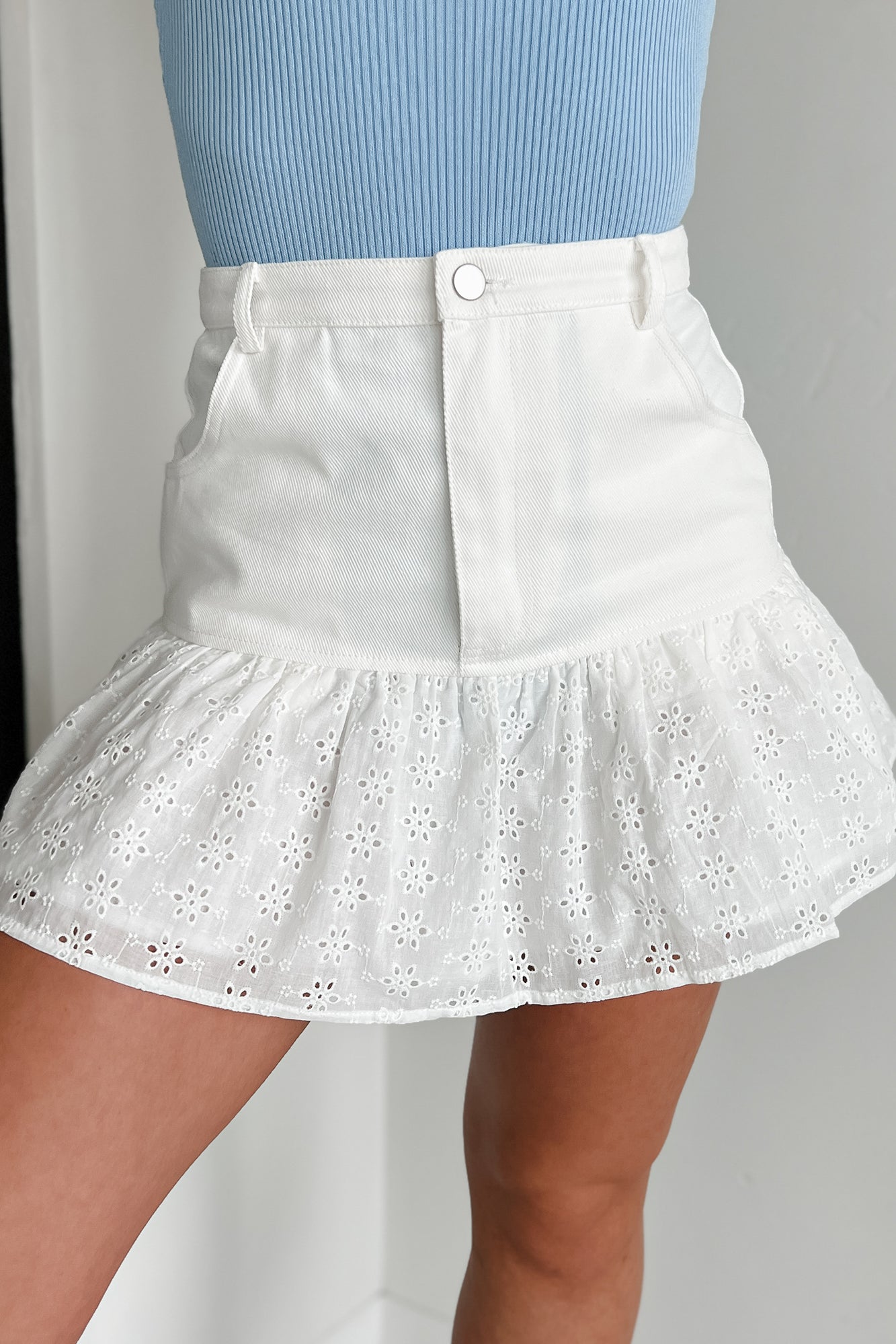 Daily Gratitude Eyelet Hem Denim Mini Skirt (Off White) - NanaMacs