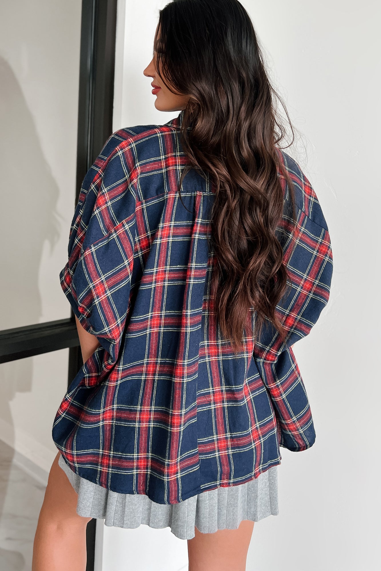 Bijou Plaid Oversized Button-Down Shirt (Navy) - NanaMacs