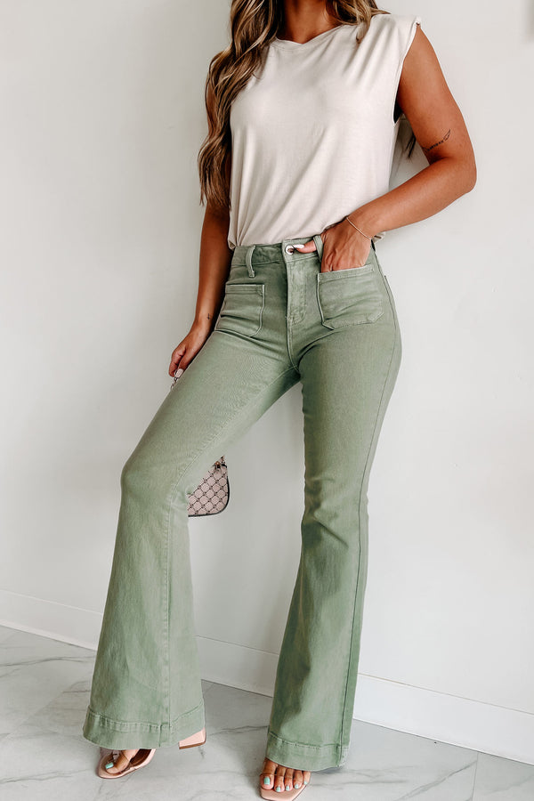 Colton Non-Distressed High Rise Risen Flare Jeans (Olive) - NanaMacs