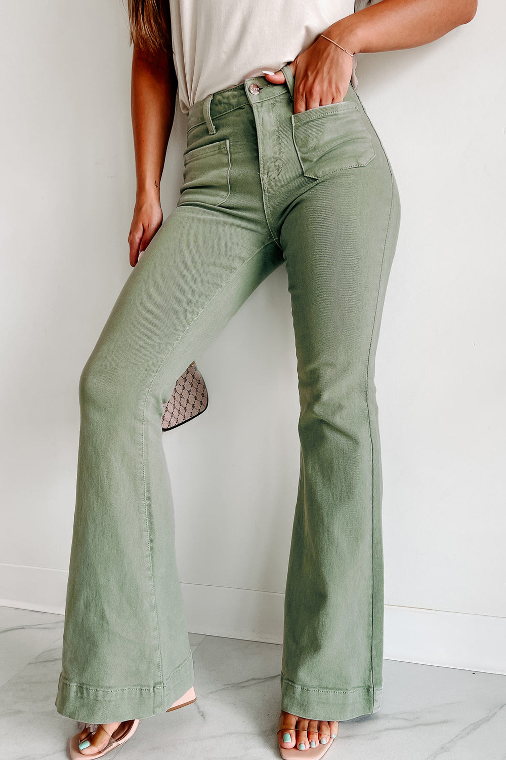 Colton Non-Distressed High Rise Risen Flare Jeans (Olive) - NanaMacs
