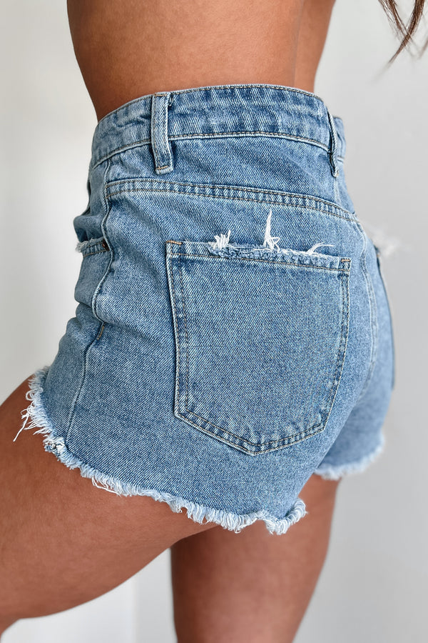 Haruko High Rise Button-Fly Denim Shorts (Medium Denim) - NanaMacs