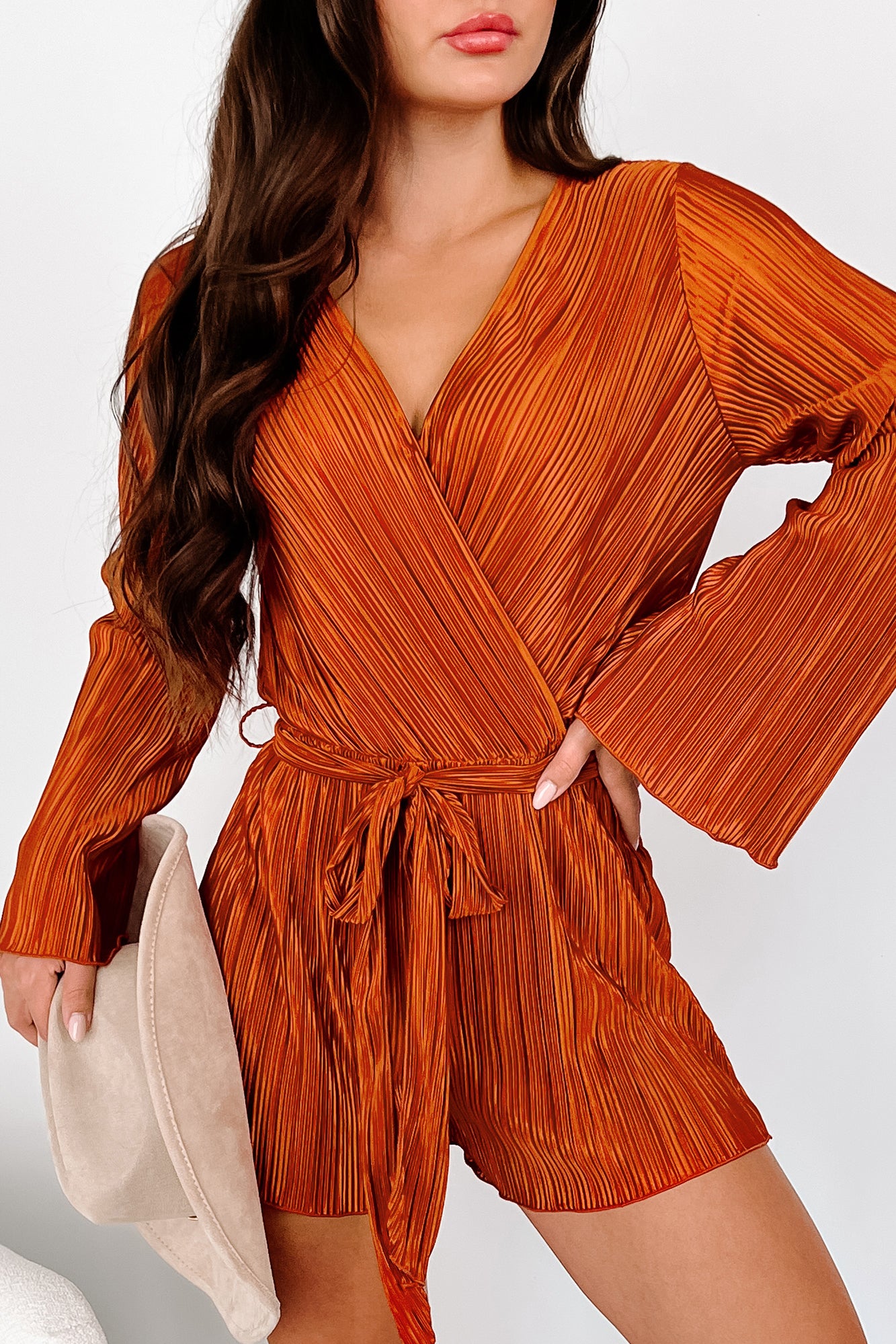 Thankful Hearts Long Sleeve Plisse Romper (Rust) - NanaMacs