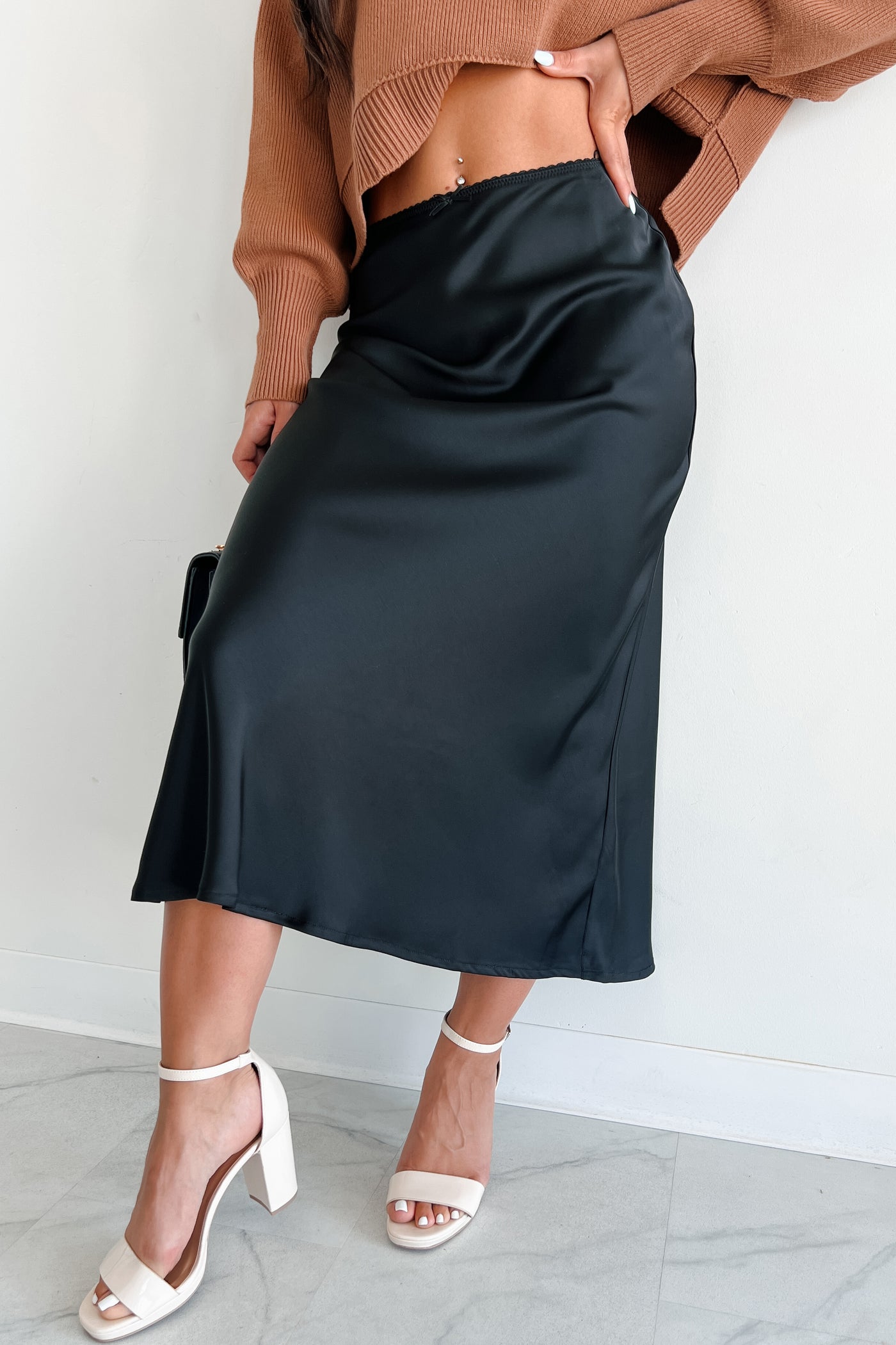 Chic Endeavors Satin Midi Skirt (Black) - NanaMacs