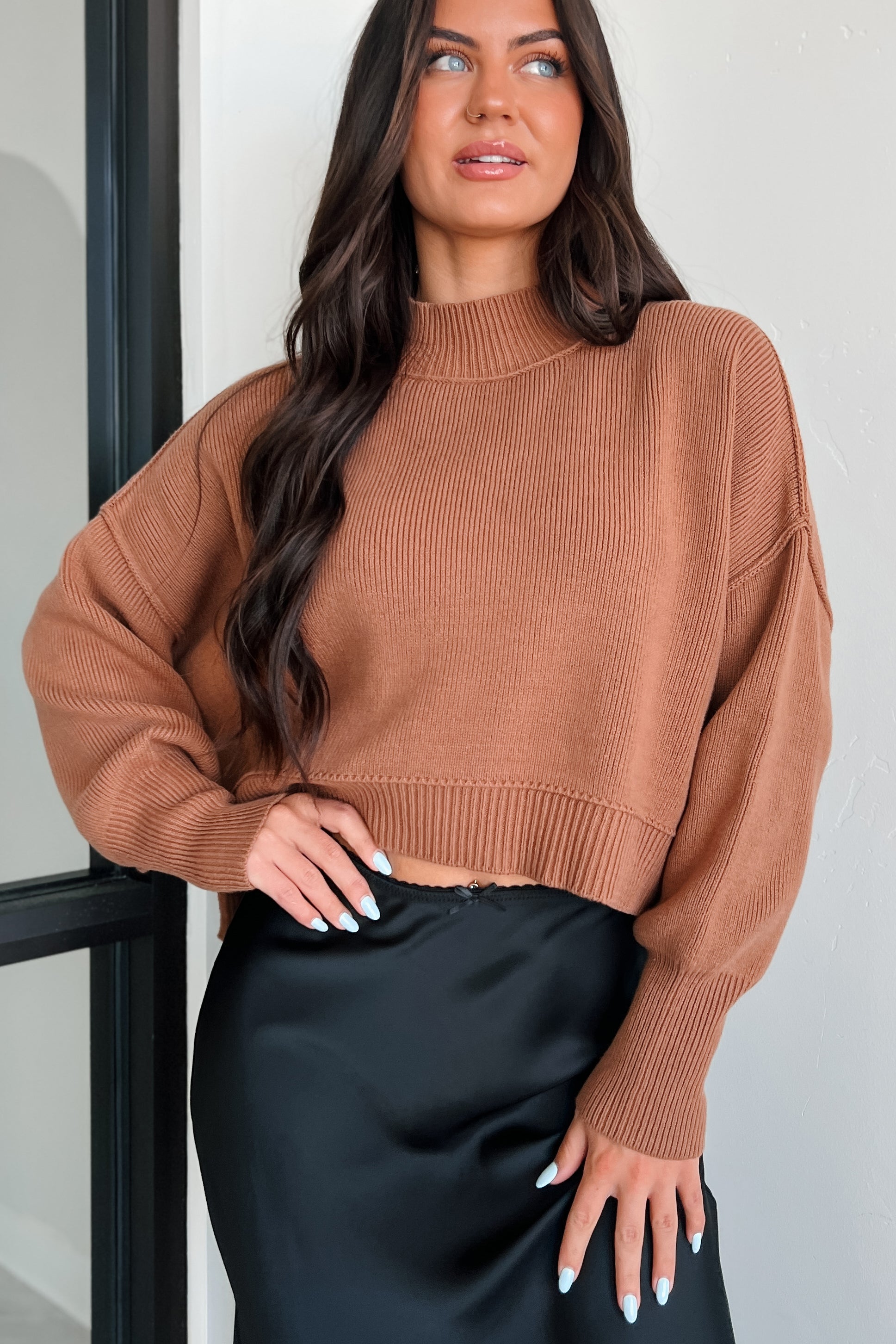 Cheerful Charm Oversized Zenana Crop Sweater (Deep Camel) - NanaMacs