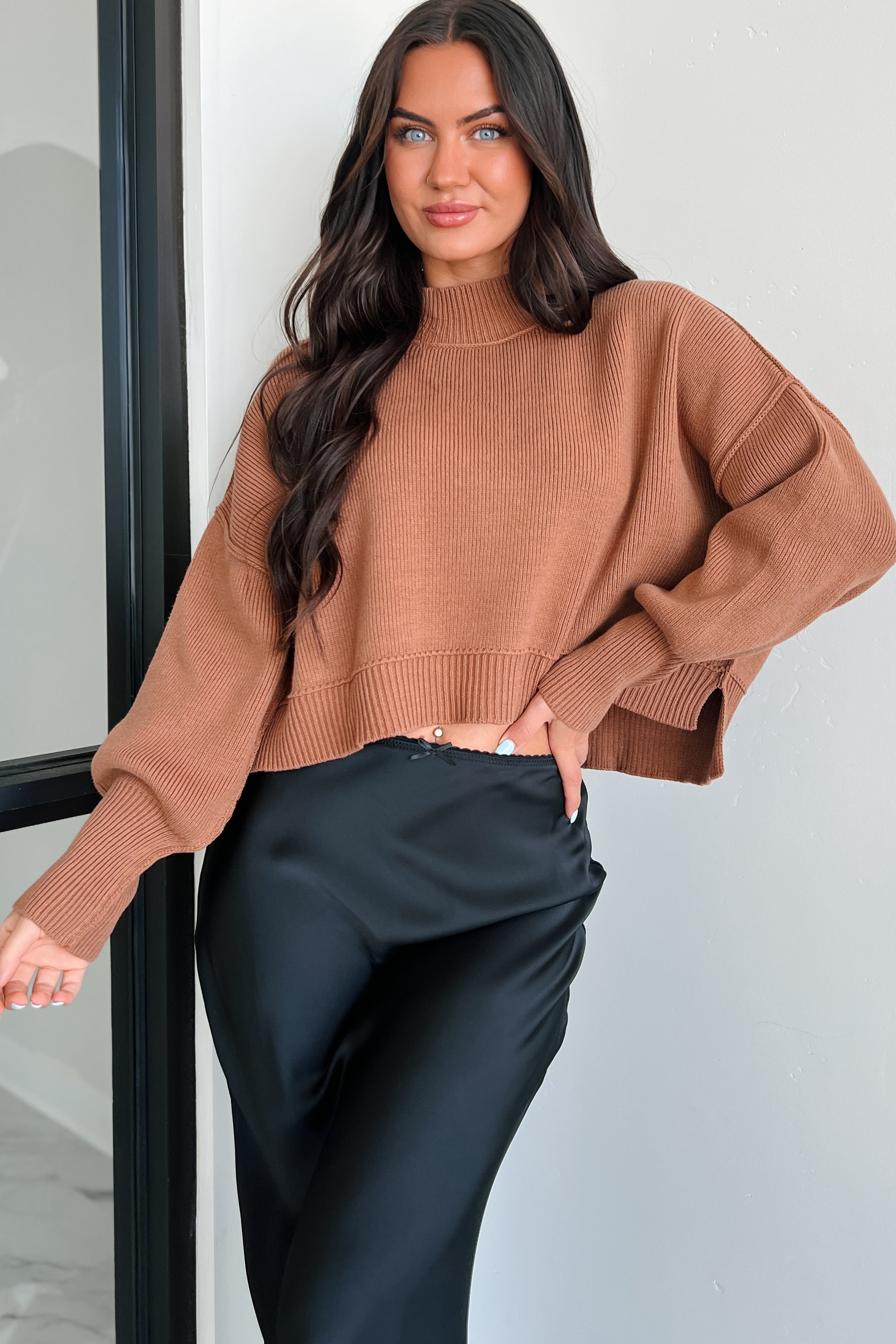 Cheerful Charm Oversized Zenana Crop Sweater (Deep Camel) - NanaMacs