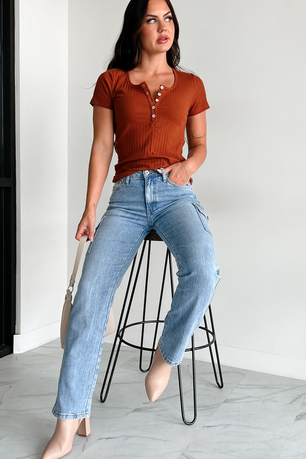 Bonneville Ribbed Henley Top (Rust) - NanaMacs