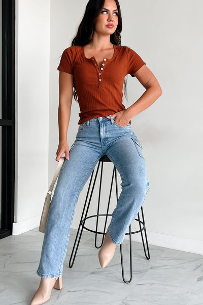 Bonneville Ribbed Henley Top (Rust) - NanaMacs