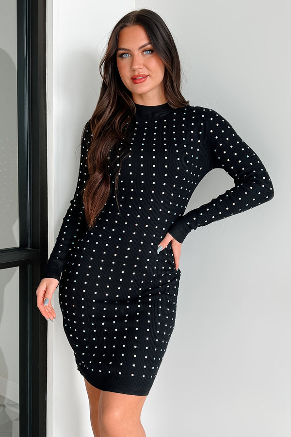 Sparkle Fiercely Rhinestone Sweater Dress (Black)