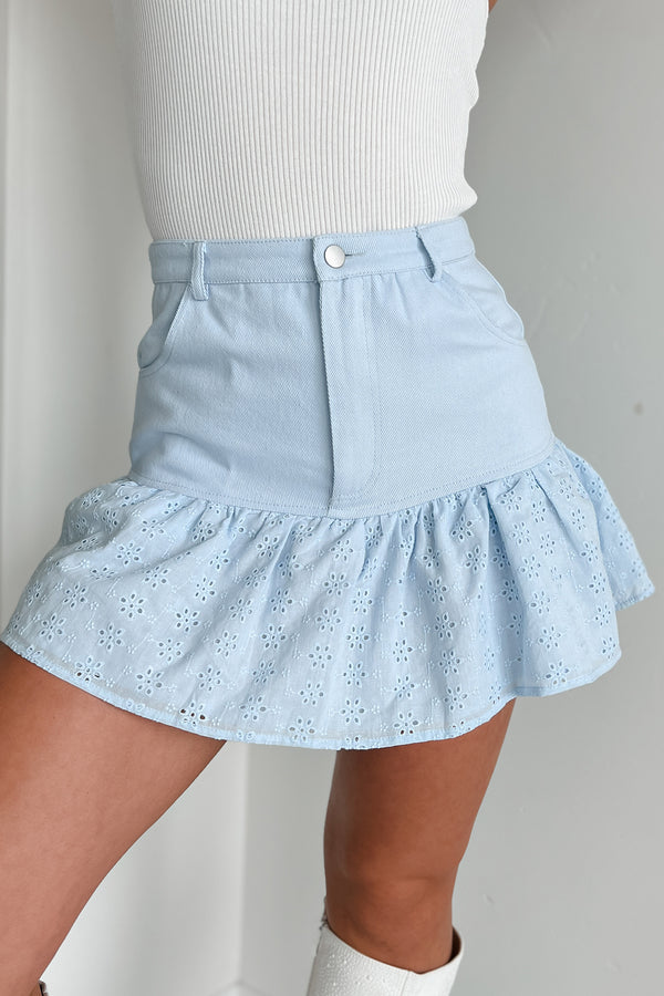 Daily Gratitude Eyelet Hem Denim Mini Skirt (Ice Blue) - NanaMacs