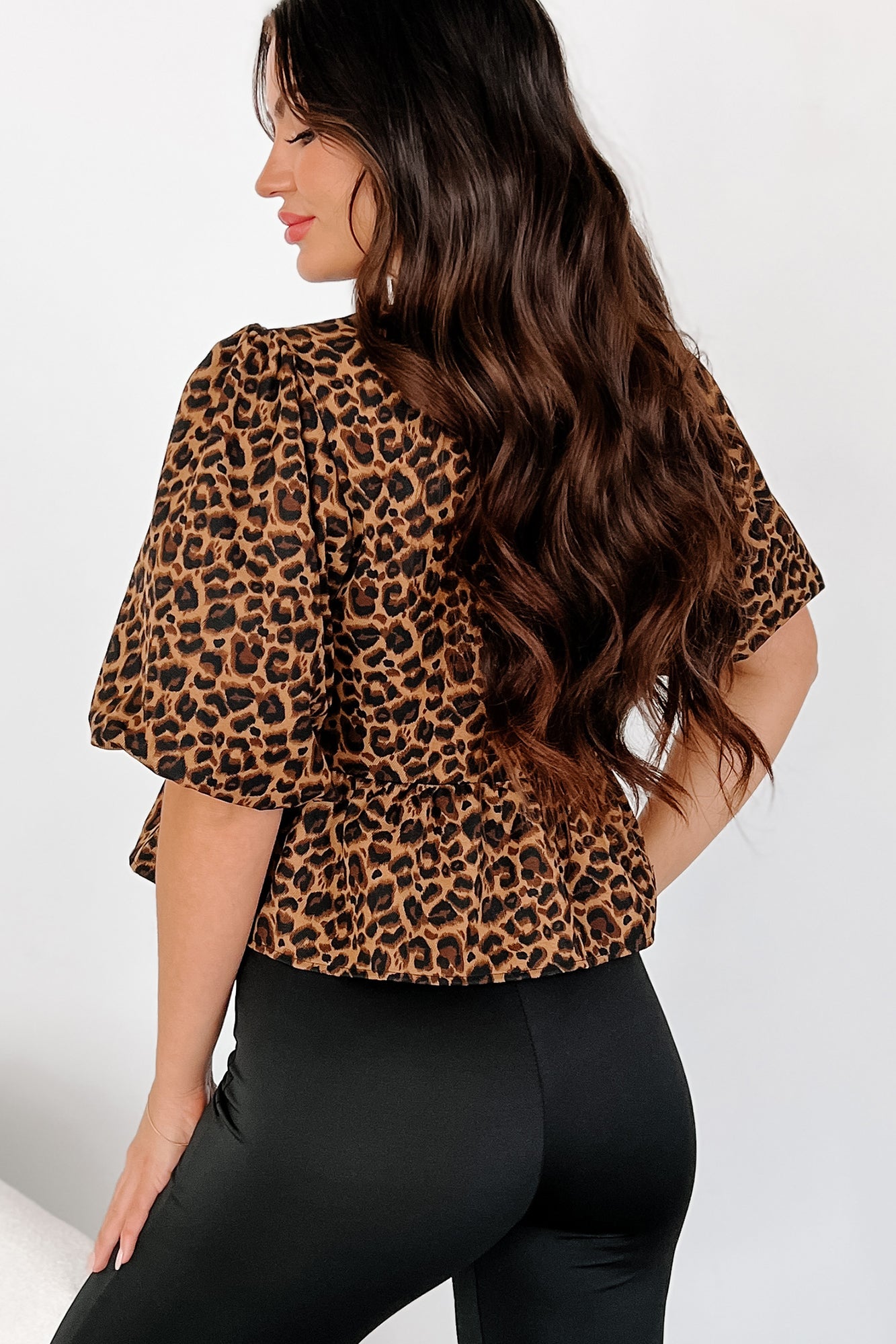 Feisty Fashion Front Tie Leopard Print Puff Top (Leopard) - NanaMacs