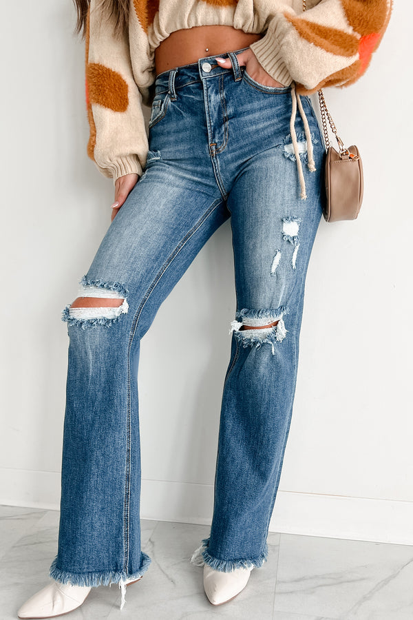 Tamren High Rise Distressed Risen Straight Leg Jeans  (Dark) - NanaMacs