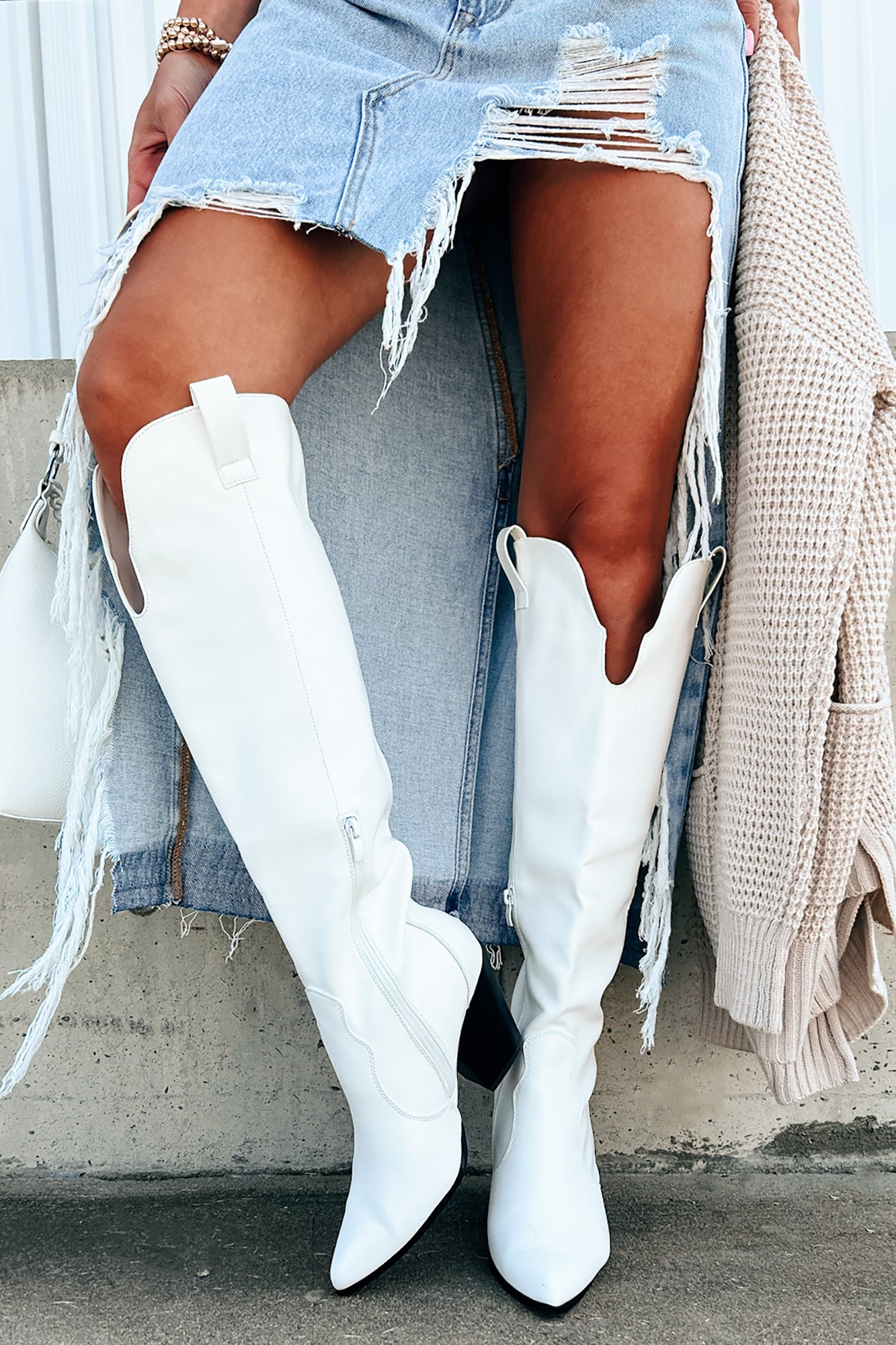 Keep Walking Knee High Faux Leather Western Boots (White) - NanaMacs