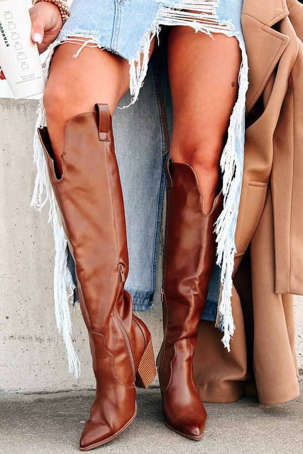 Keep Walking Knee High Faux Leather Western Boots (Tan) - NanaMacs