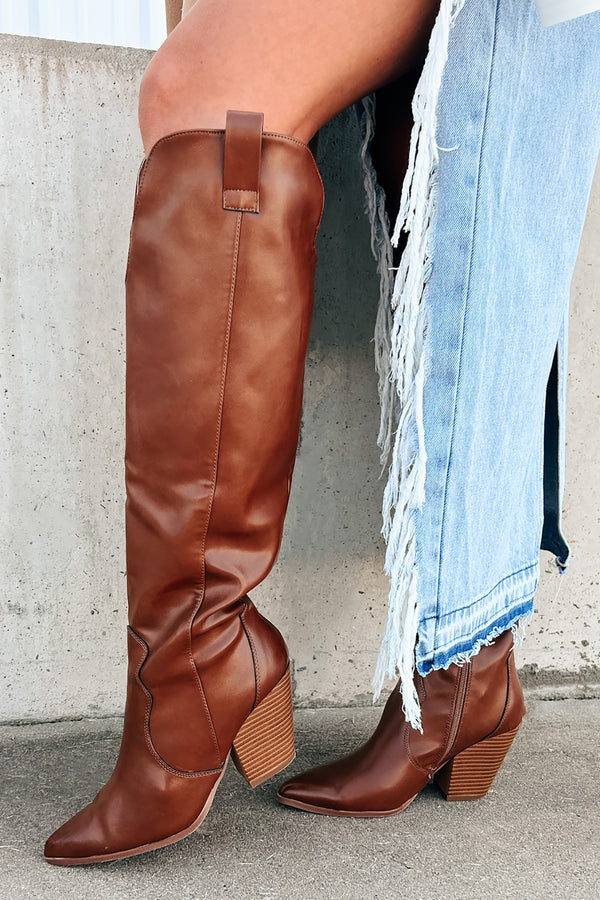 Keep Walking Knee High Faux Leather Western Boots (Tan) - NanaMacs