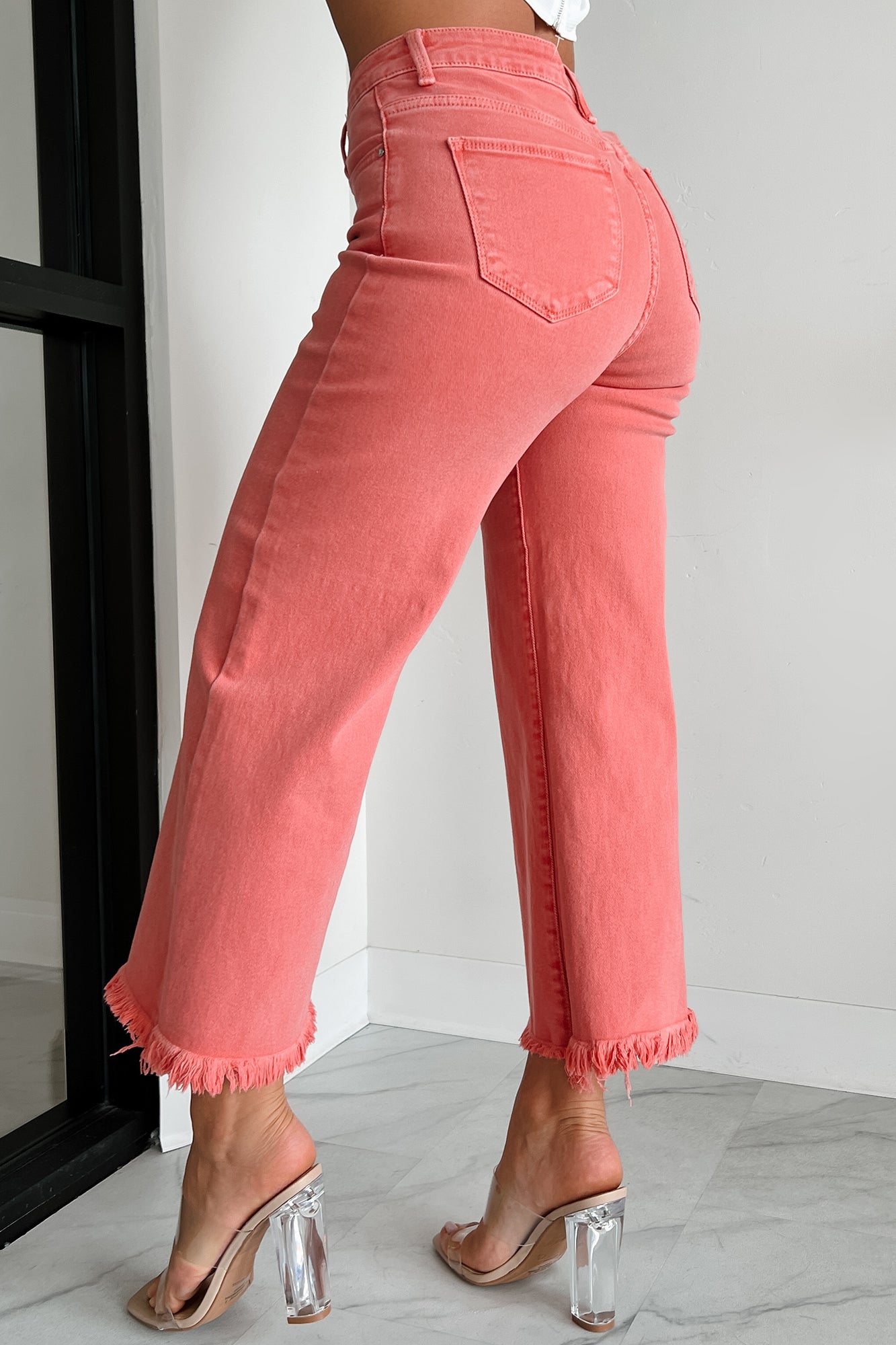 Lacie Tummy Control High Rise Crop Wide Leg Risen Jeans (Peach Blossom) - NanaMacs