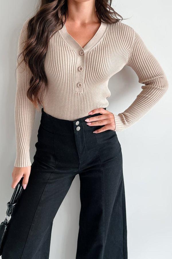 Tula Button Detail Ribbed Sweater Top (Oatmeal) - NanaMacs