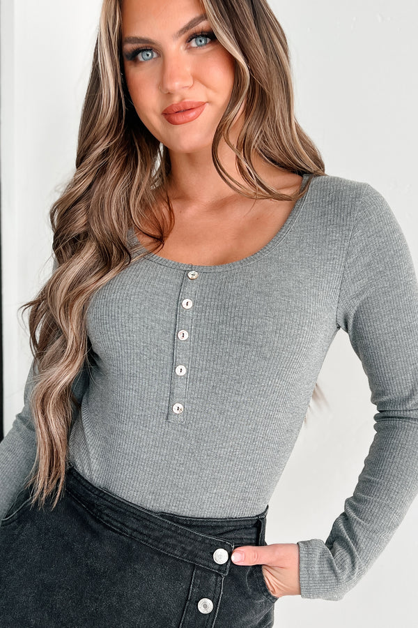 Got My Reasons Long Sleeve Button Detail Bodysuit (Charcoal) - NanaMacs