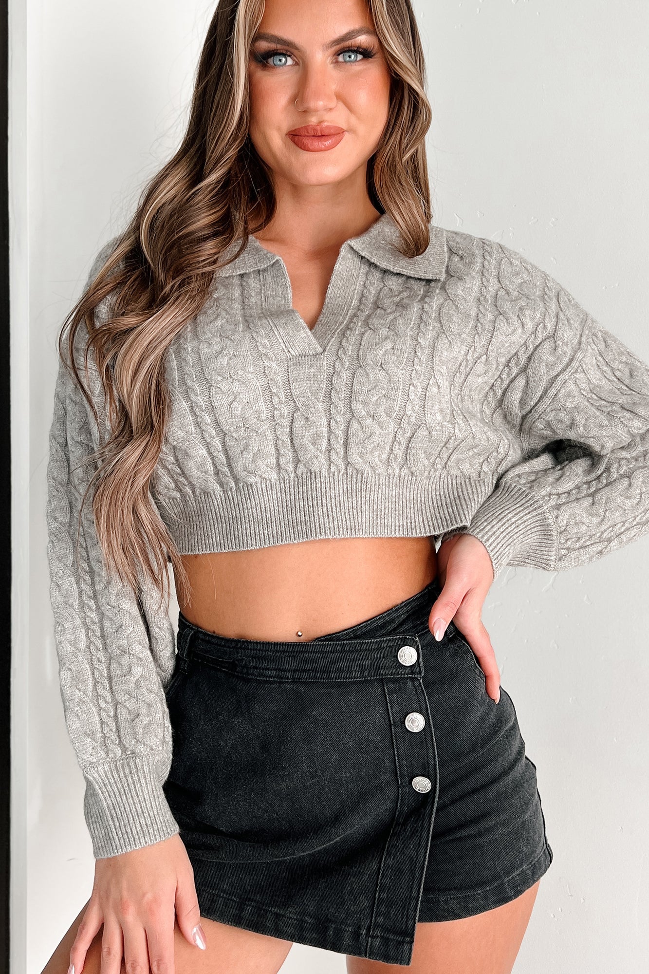 Know Me Well Cable Knit Crop Sweater (Heather Grey) - NanaMacs