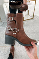 Tough As Nails Buckle Strap Chunky Biker Booties (Brown) - NanaMacs