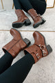 Tough As Nails Buckle Strap Chunky Biker Booties (Brown) - NanaMacs