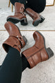 Tough As Nails Buckle Strap Chunky Biker Booties (Brown) - NanaMacs