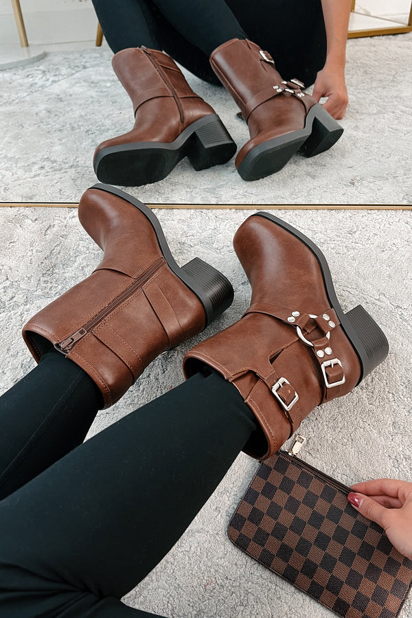 Tough As Nails Buckle Strap Chunky Biker Booties (Brown) - NanaMacs