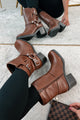 Tough As Nails Buckle Strap Chunky Biker Booties (Brown) - NanaMacs