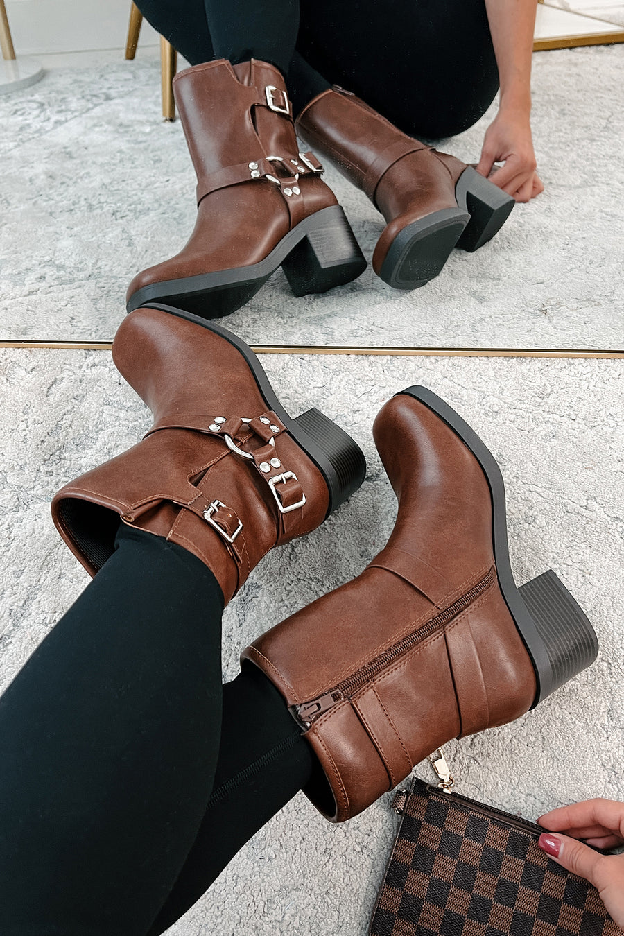 Tough As Nails Buckle Strap Chunky Biker Booties (Brown) - NanaMacs