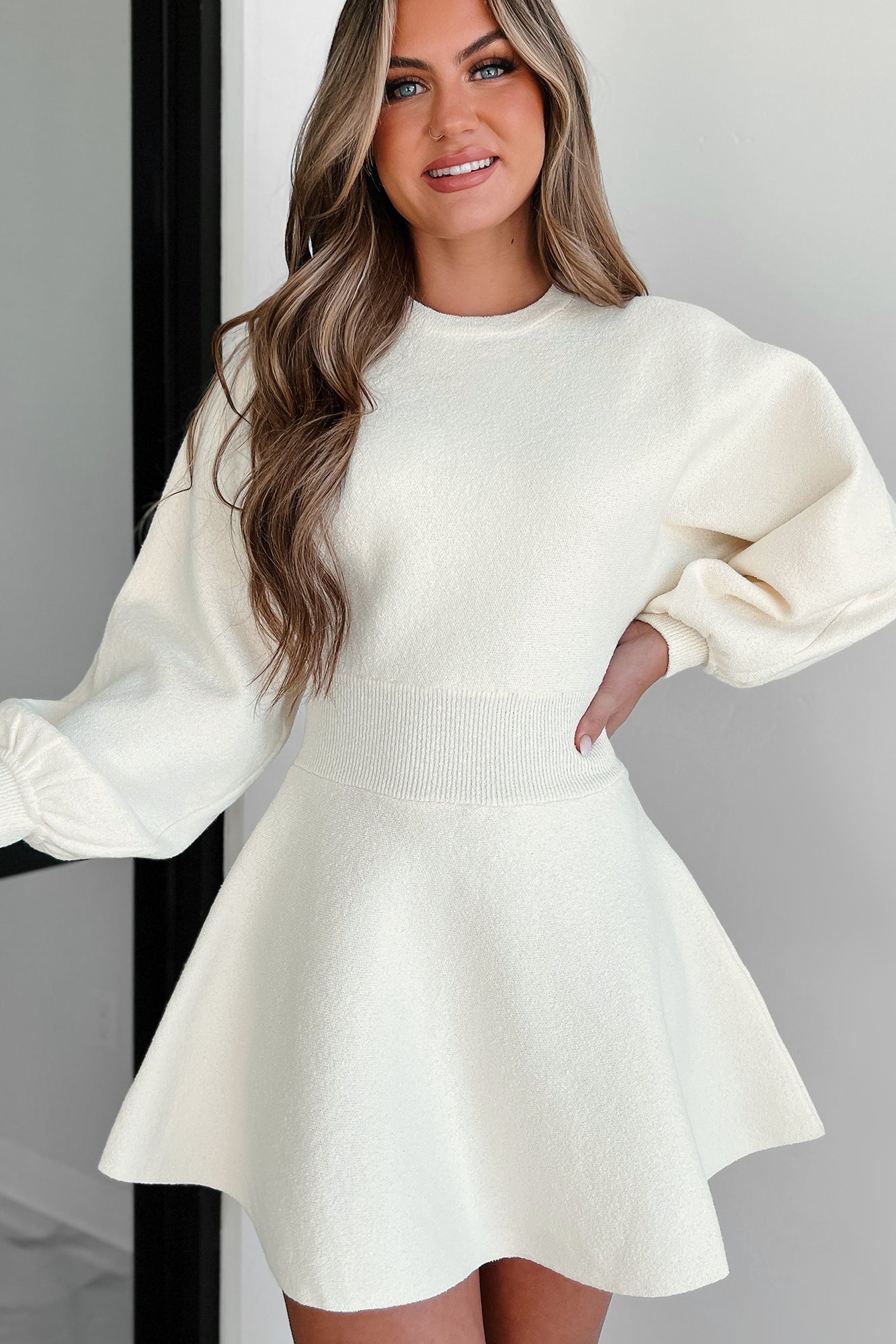 Predictably Posh Balloon Sleeve Sweater Dress (Cream)