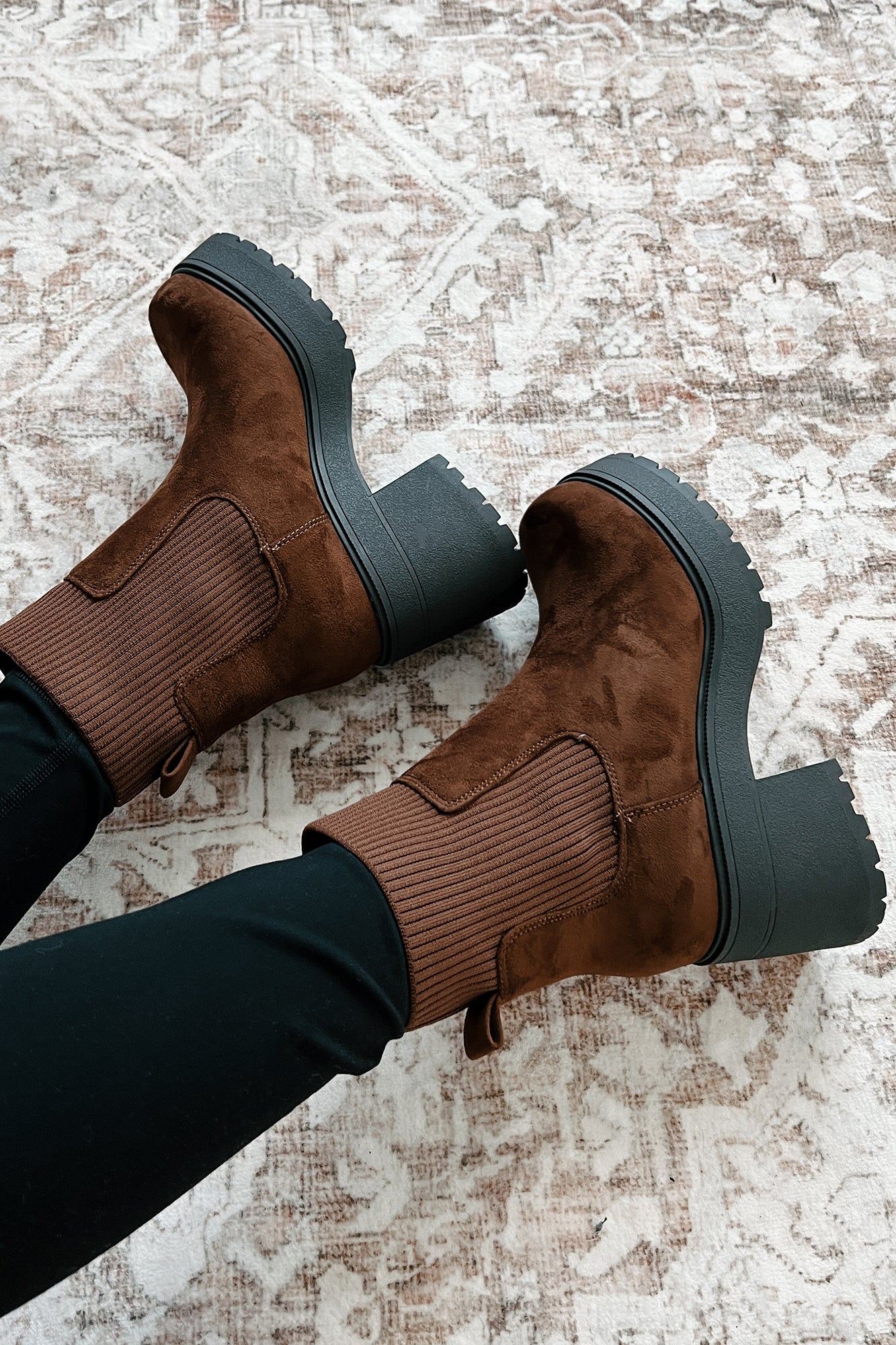 Ramos Ankle Knit Chunky Sole Chelsea Booties (Chocolate Suede)