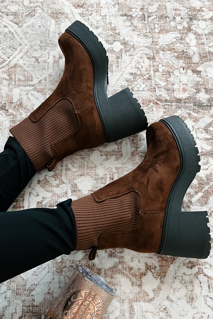 Ramos Ankle Knit Chunky Sole Chelsea Booties (Chocolate Suede)