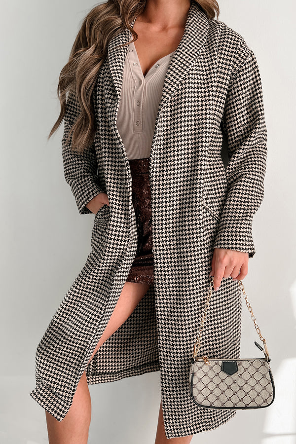 Used To Winning Open Front Houndstooth Long Coat (Beige) - NanaMacs