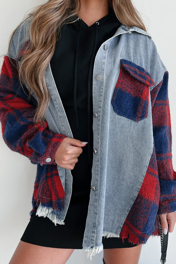 Praying For Patience Oversized Denim/Flannel Shacket (Denim Multi) - NanaMacs