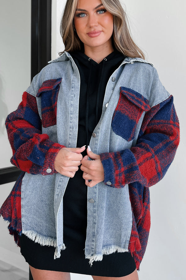 Praying For Patience Oversized Denim/Flannel Shacket (Denim Multi) - NanaMacs