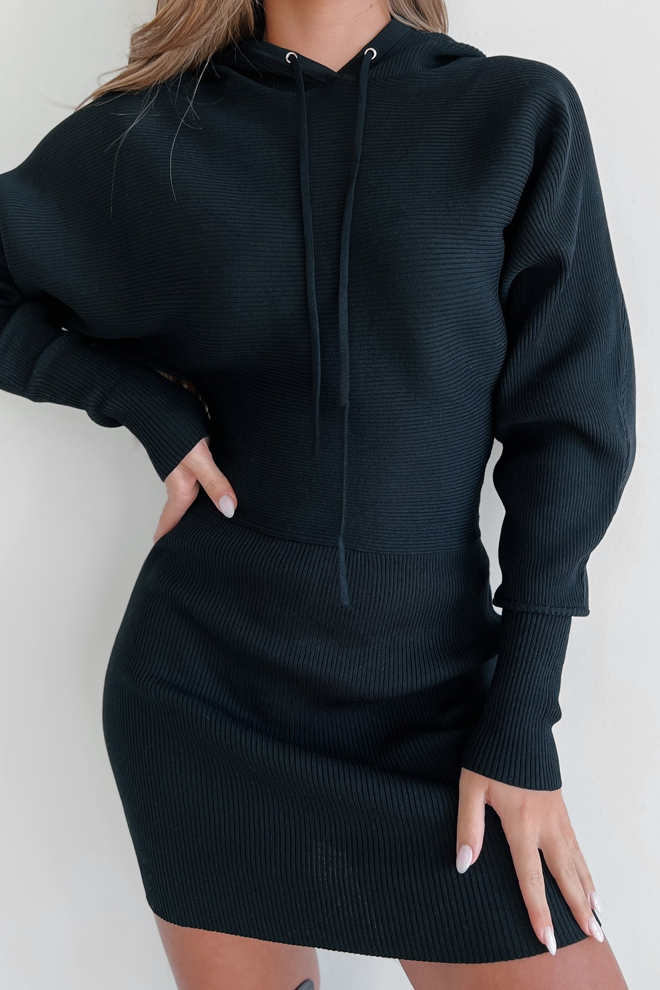 End Of The Road Hooded Sweater Dress (Black) - NanaMacs