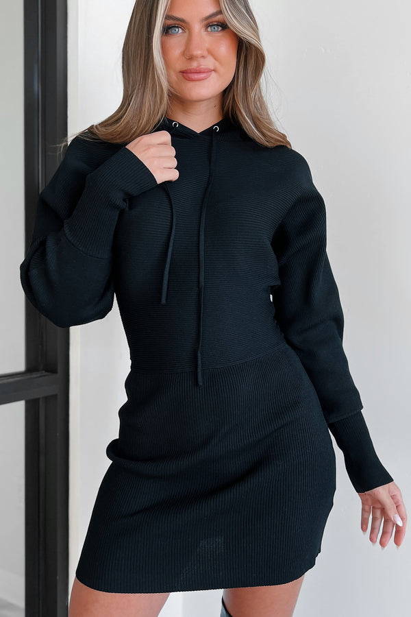 End Of The Road Hooded Sweater Dress (Black) - NanaMacs