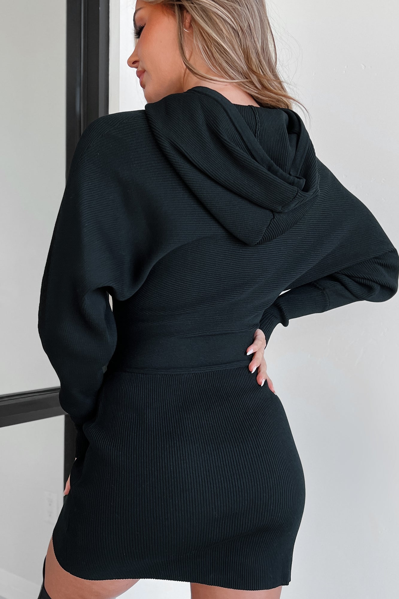 Black sweater dress online with hood