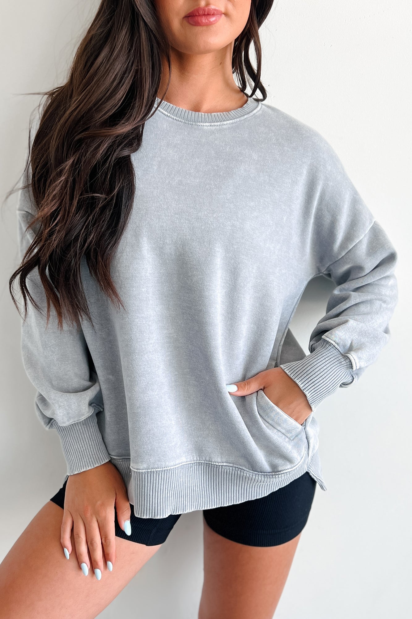 Lazy Version Mineral Wash Zenana Crewneck Sweatshirt (Sleet) - NanaMacs