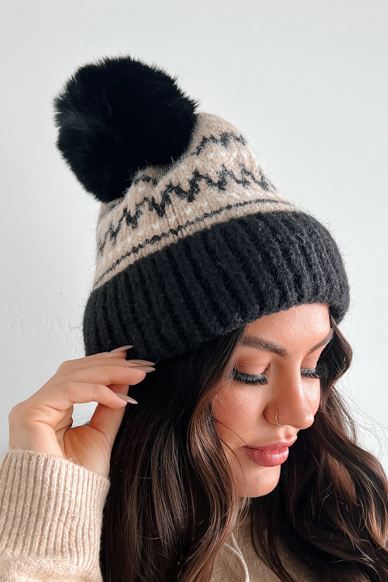 Toasty Noggin Knitted Pom Beanie (Taupe/Black)