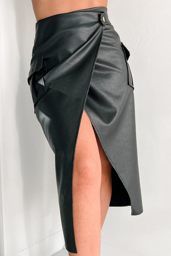 Reckless Attitude Faux Leather Midi Wrap Skirt (Black) - NanaMacs