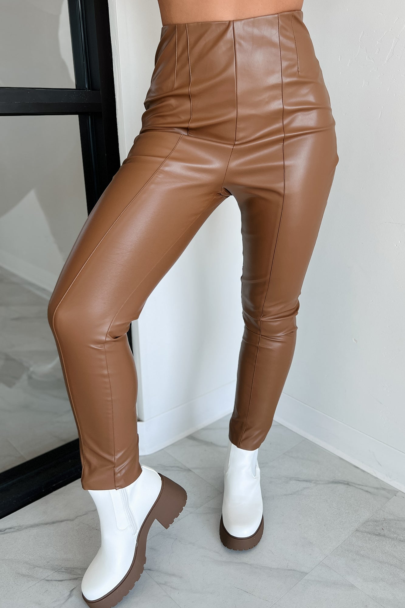 Downtown Dates Faux Leather Skinny Pants (Brown) - NanaMacs