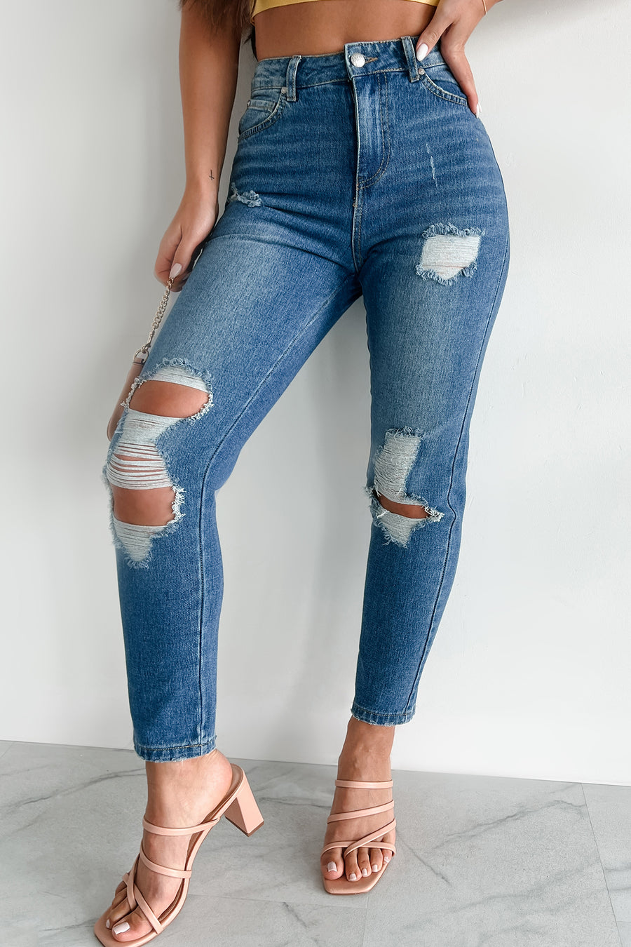 Ariah High Rise Distressed Mom Jeans (Medium Denim) - NanaMacs