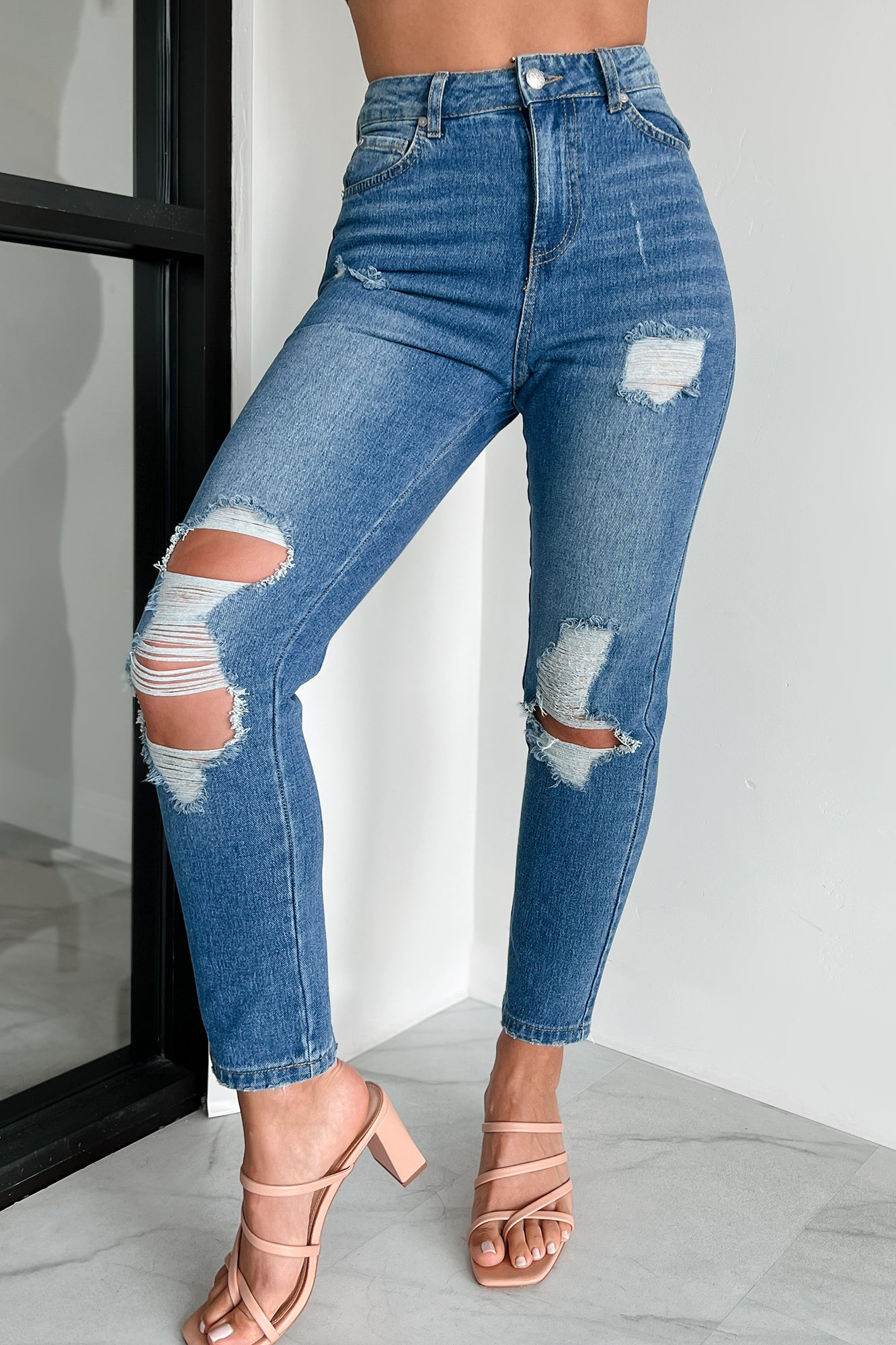 Ariah High Rise Distressed Mom Jeans (Medium Denim) - NanaMacs