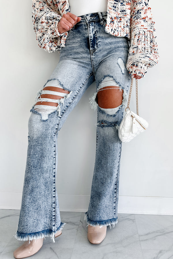 Evangeline High Rise Distressed Risen Flare Jeans (Medium Acid) - NanaMacs